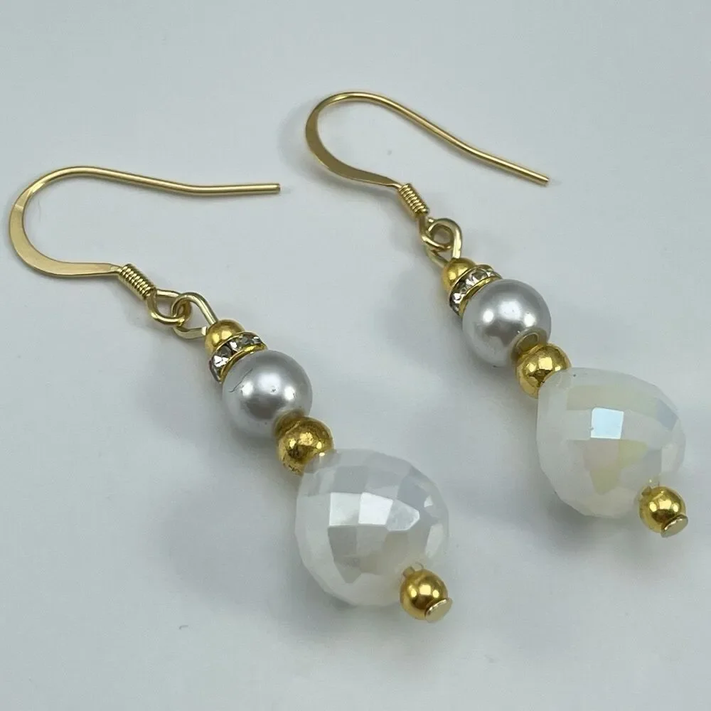 18K Gold Plated White Teardrop Glass Silver Glass Pearl Beaded Dangle Earrings
